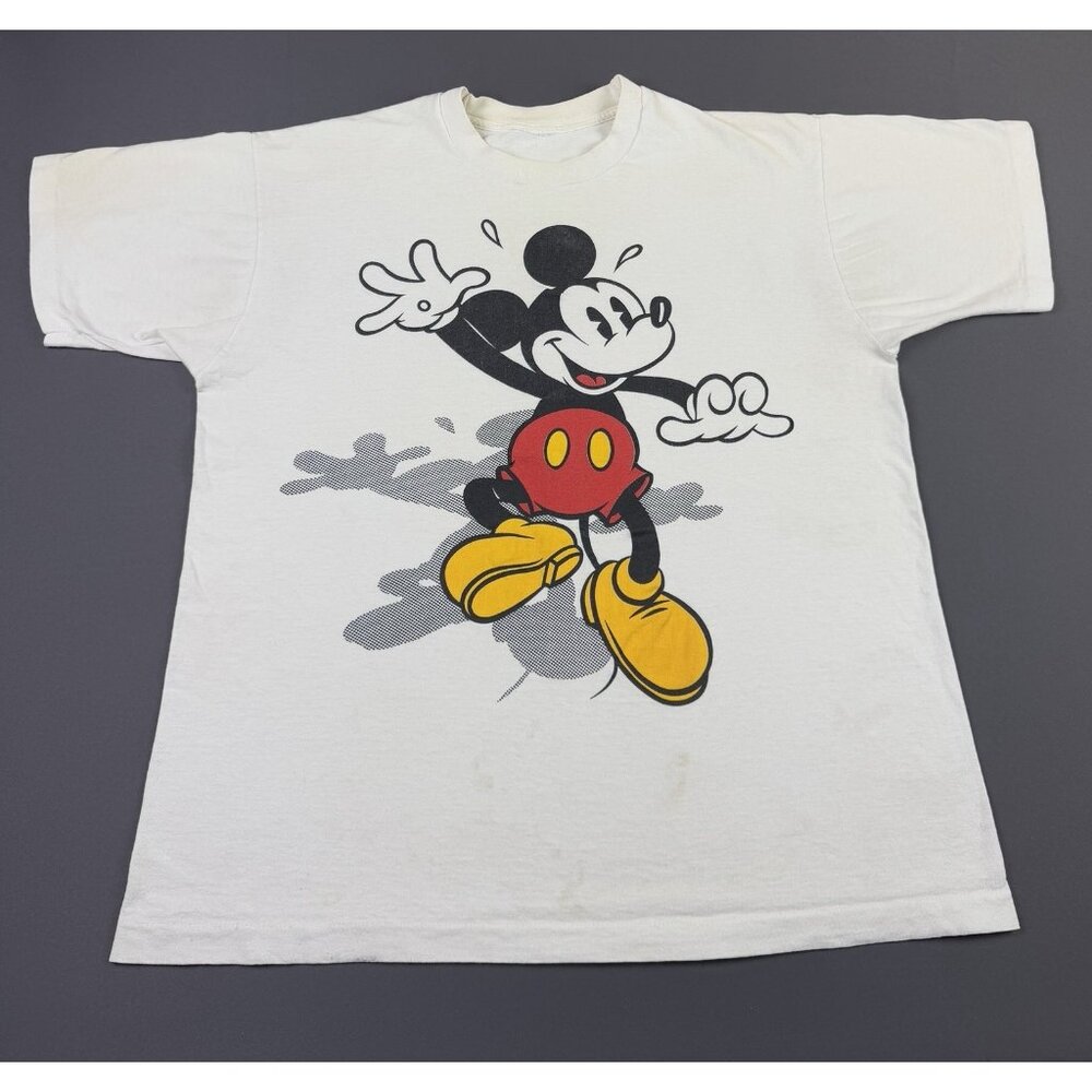Rare Vintage 90s Disney Mickey Mouse White Graphic Art Drawing Cartoon Classic T